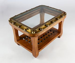 Antique Ship's Brass Window Teak Wood Coffee Table