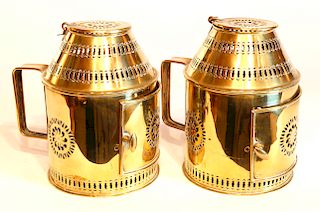 Pair of 19th c. Pierced Brass Round Carrying Lanterns