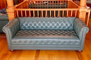 Green-Teal Leather Chesterfield Style Sofa