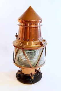 Large Copper and Brass Maritime Beacon with Fresnel Lens