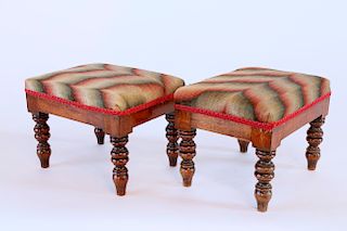 Pair of English Upholstered Flame Stitch Footstools