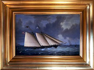 Decorative Maritime Painting "Two Masted U.S. Sailing Yacht Approaching Buoy"