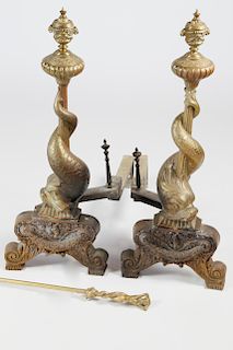 Pair of Antique Brass Dolphin Andirons