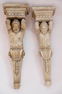 Pair of Romanesque Poured Cement Brackets of a Herculean Figure
