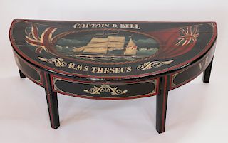 Antique Style "H.M.S. Theseus Captain D. Bell" Nautical Decorated Demilune Table