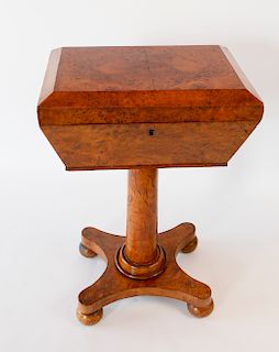 19th Century Burlwood Sewing Box Chest on Quadrapod Pedestal Stand