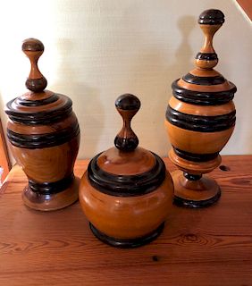 Group of Three Treenware Covered Vessels with Painted Bands
