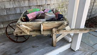 Collection of Antique Wooden Painted Buoys and Antique Wheelbarrow