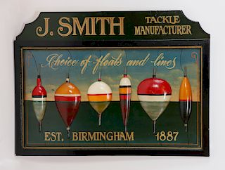 Antique Style Wood Trade Sign "J. Smith Tackle Manufacturer"