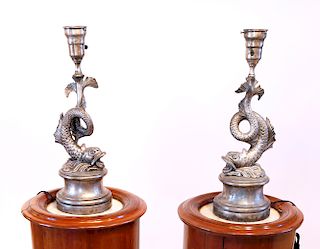 Pewter Patina Metal Dolphin Lamps