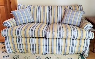 Yellow and Blue Stripe Upholstered Settee