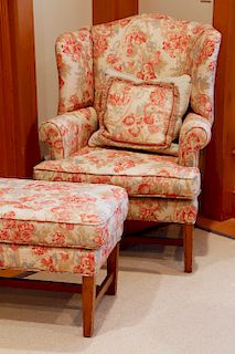 Wing Chair and Ottoman Upholstered in Floral Linen
