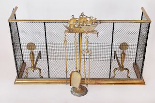 Brass Clipper Ship and Scallop Shell Fireplace Set