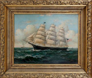 Robert Sanders Oil on Canvas 3-Mast American Clipper Ship on the Open Seas