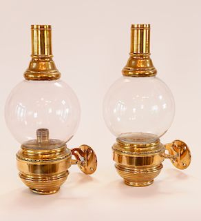 Pair of Brass and Glass Globe Light Fixtures