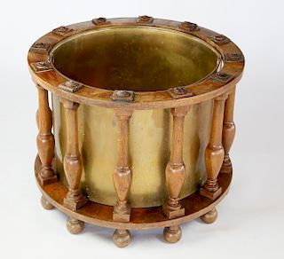 Round Mahogany Cauldron with Turned Spools and Interior Brass Liner