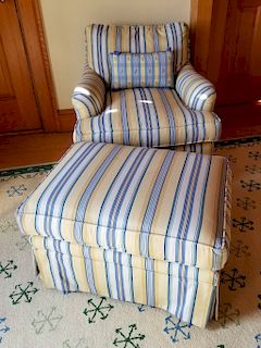 Yellow and Blue Stripe Upholstered Club Chair and Ottoman