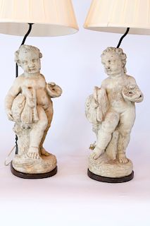Pair of Poured Cement Putti Holding Dolphins Table Lamps