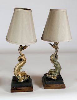 Pair of Brass Dolphin Electrified Lamps