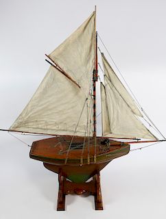 Vintage Gaff Rigged Pond Model with Sails on Stand