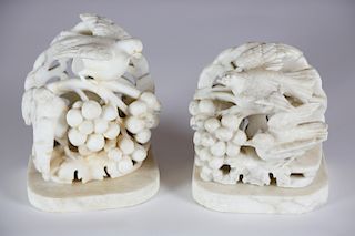 Pair of White Alabaster Bird and Grape Small Sculptures