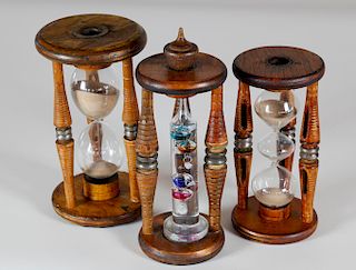 Group of Three Vintage Wood and Glass Hourglasses
