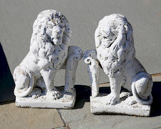 Pair of White Painted Cement Full-Bodied Figural Garden Lions