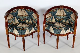 Pair of Inlaid Mahogany "Southwood" Sailboat Upholstered Tub Chairs
