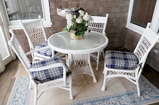 White Wicker Glass Top Dinette Table and Four Chairs
