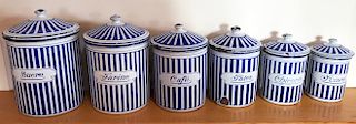 Six Piece Vintage French Blue and White Enamel Canister Set by "B.B. Torseine"