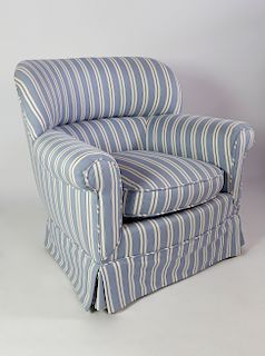Blue and White Striped Upholstered Skirted Club Chair