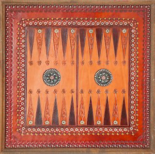 Vintage Painted and Tooled Leather Backgammon Board