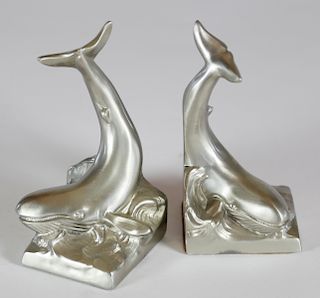 Pair of "P.M. Craftsman" Whale on a Wave Bookends