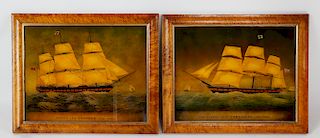 Pair of Ship Prints Under Glass of the Clipper Ships "Yorkshire 1100 Tons" and the "Shannon 1450 Tons"