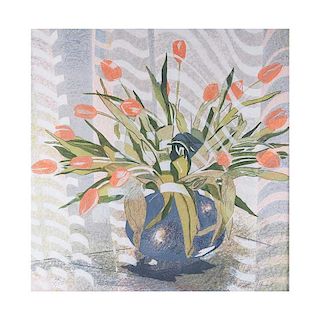 Kathleen Clement. Bouquet de tulipanes. Serigrafía sobre papel algodón, 5/150. Firmada. Enmarcada. 69 x 69 cm