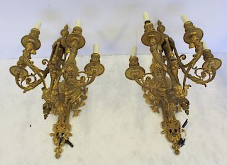 Pair of 19th C Gilt Bronze Four Light Sconces