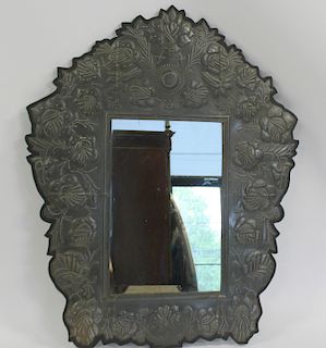 Antique Mirror With Pierced Zinc Overlay.