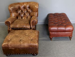 Leather Club Chair And 2 Leather Ottomans