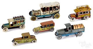 Six tin lithograph penny and nickel toy vehicles