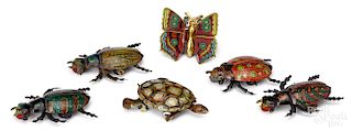 Five tin lithograph animated insects, etc.