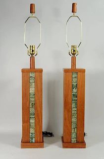 Pair 1960's Teakwood & Tile Table Lamps