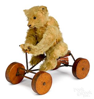 Steiff mohair teddy bear on Irish mail pull toy
