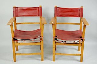 Pair Modern Wood Armchairs with "Buckle" Seats