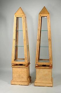 Pair Gilt Tooled Leather Obelisk Cabinets