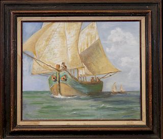 Signed, 20th C. Painting of Ship at Sea