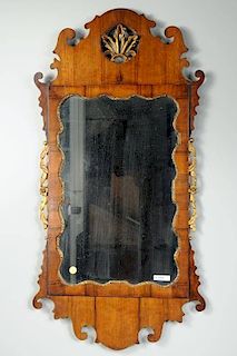 English Queen Anne Walnut Gilt Shell Carved Mirror