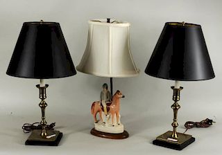 Pair Brass Lamps/Staffordshire Horse & Rider Lamp