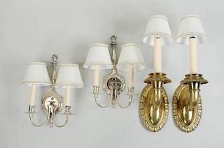 Two Pair Single Arm Sconces, Brass & Silver Plate