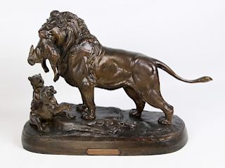 E.DELABRIERRE, 19TH C. FRENCH BRONZE OF LION W/CUBS