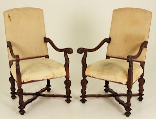 PR. OF 19TH C.LOUIS XIV STYLE CARVED WALNUT FAUTEUILS